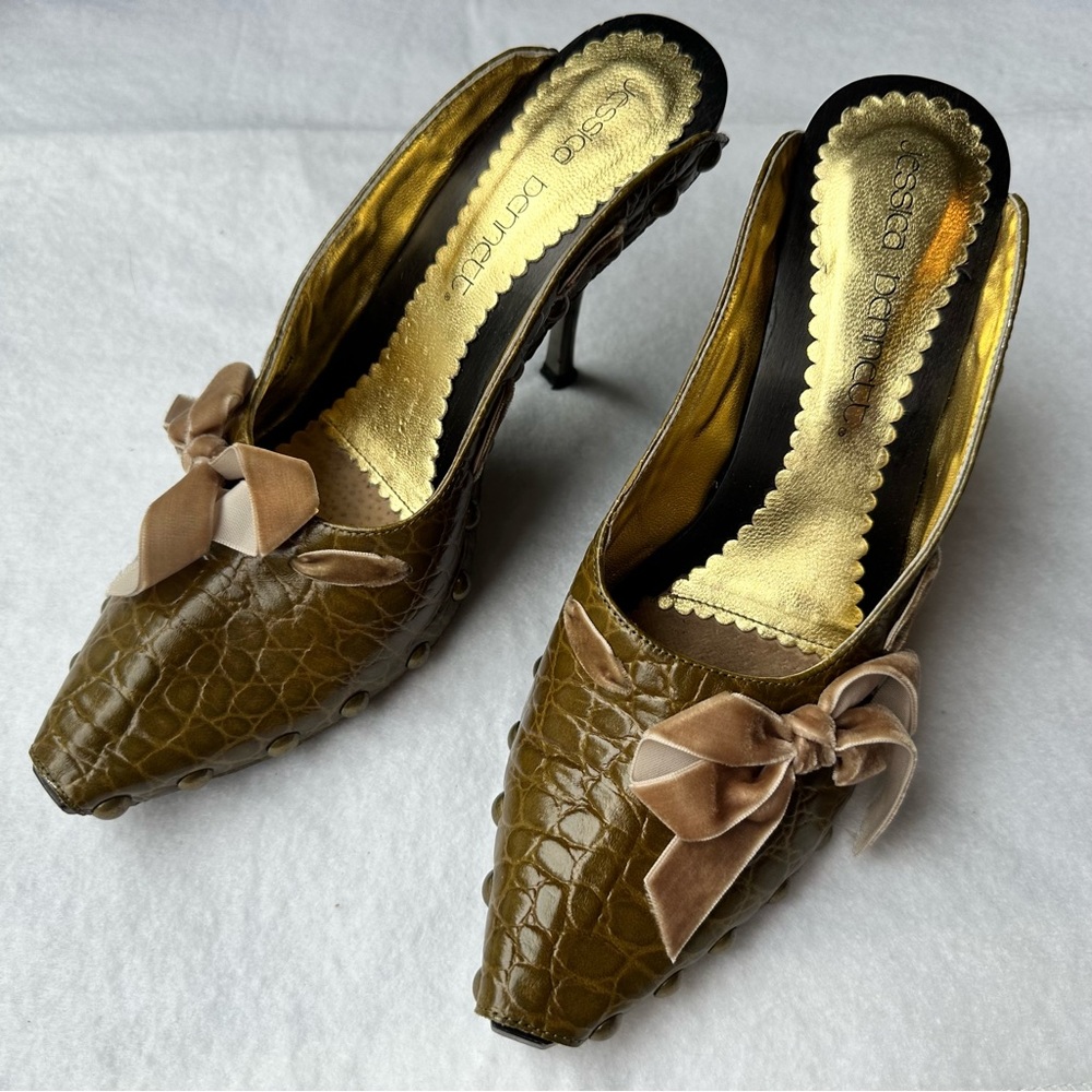 Lightly worn tan-olive green metal studded heels